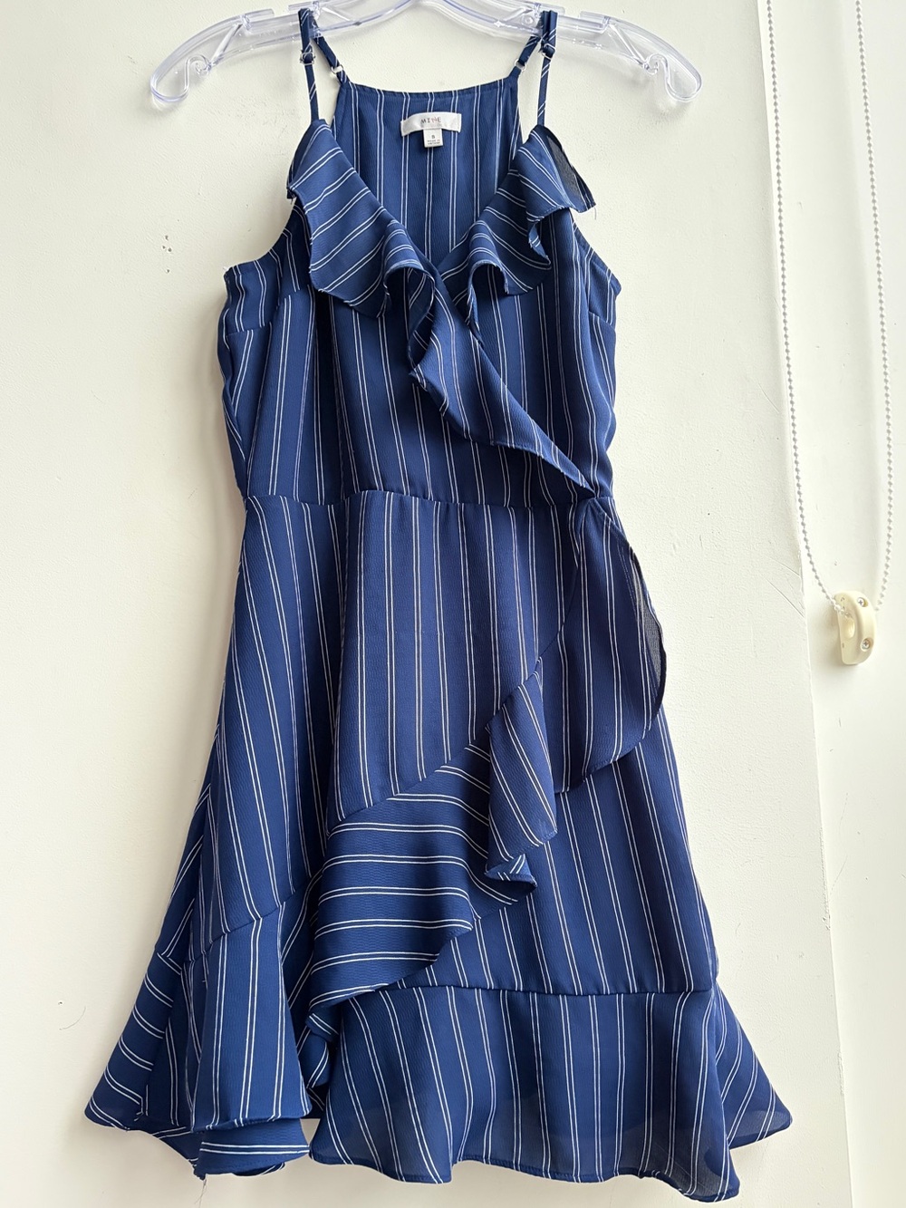 mine Navy + White Pinstripe Asymmetrical Ruffled Mini Dress size Small Women’s